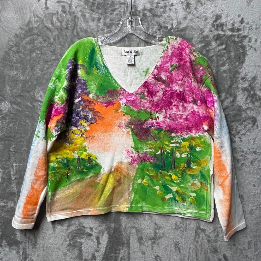 Lisa & Me Colorful Abstract Landscape Handpainted Shirt Sweater- S -Wearable Art